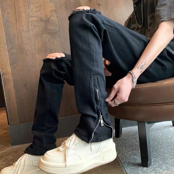 Black Ripped Jeans for Men High Street Style Slimming Straight Leg Loose Fit Zipper American Streetwear Vibe Design_mkmklike.com