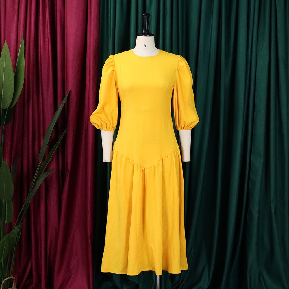 Women's Clothing pleated large size fashion puff sleeve dress_mkmklike.com