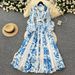 Women's Clothing New Fashion Elegant Retro Lapel Long Sleeve Waist Lace Stitching Print Long Skirt_mkmklike.com