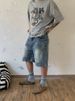 Men's Distressed Denim Shorts Front And Back Patchwork Retro Style Wide Leg Loose Casual Straight Leg Five Point Pants_mkmklike.com