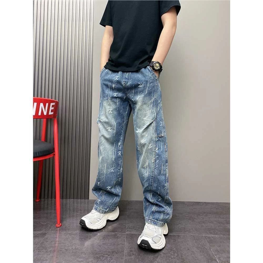 Men's Vintage Washed Denim Pants, Gradient Straight-Leg Jeans With Unique Curved Hem Design For Casual Wear_mkmklike.com