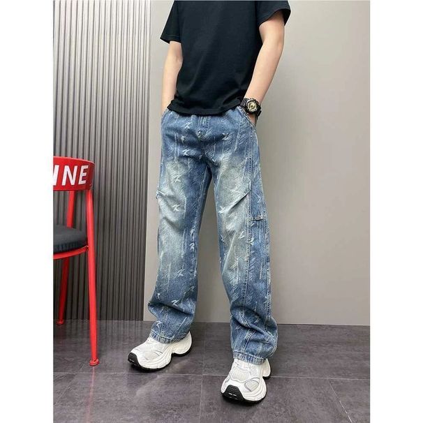Men's Vintage Washed Denim Pants, Gradient Straight-Leg Jeans With Unique Curved Hem Design For Casual Wear_mkmklike.com