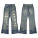 Men's Fashion High Street Distressed Washed Denim Jeans With Bell Bottom & Ripped Details_mkmklike.com