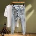 Men's Trendy Ripped Skinny Jeans Stretchy Slim Fit Embroidered Patches Spray Paint Casual Trend Brand_mkmklike.com
