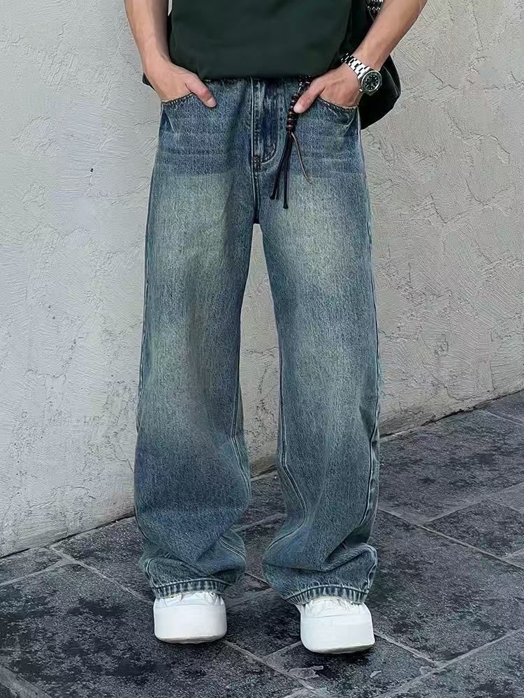 Men's Vintage Washed Blue Straight Leg Jeans Cleanfit Retro Denim Pants For Casual Streetwear (Slim To Xl Sizes Available)_mkmklike.com