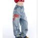 Streetwear Vintage Washed Blue Jeans – Oversized Splatter Paint & Ripped Denim Pants (Unisex, S-3XL, High-Waisted, Straight-Leg, Drop-Hem)_mkmklike.com