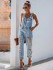 Women's Distressed Denim Overalls - Vintage Washed Light Blue Bib Overalls With Adjustable Straps_mkmklike.com