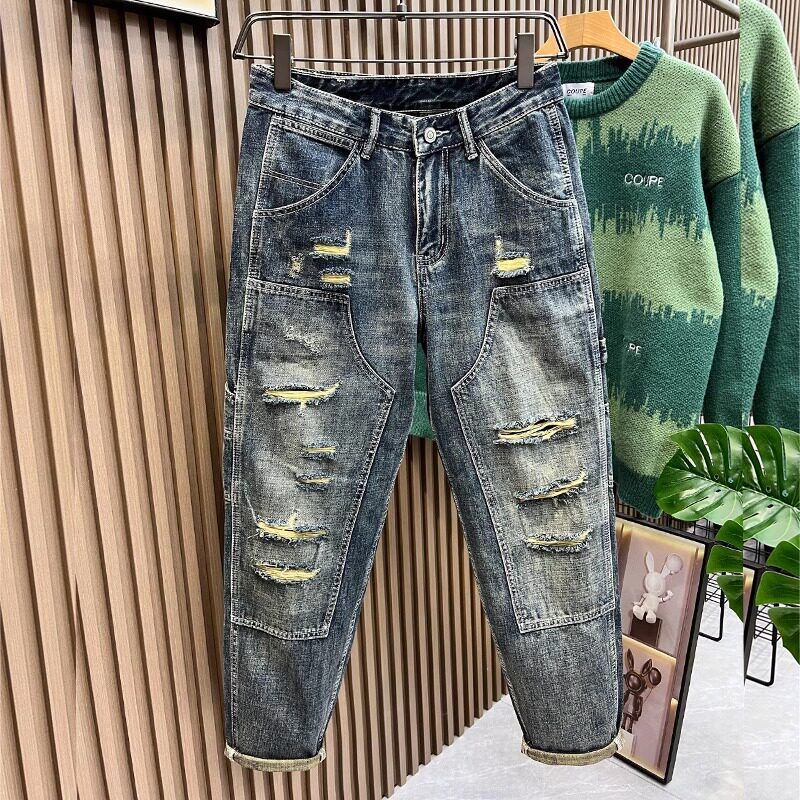 Men's American Style Ripped Jeans High Street Tapered Patched And Embroidered Trendy Versatile Blue Trousers For New Spring_mkmklike.com