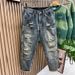 Men's American Style Ripped Jeans High Street Tapered Patched And Embroidered Trendy Versatile Blue Trousers For New Spring_mkmklike.com
