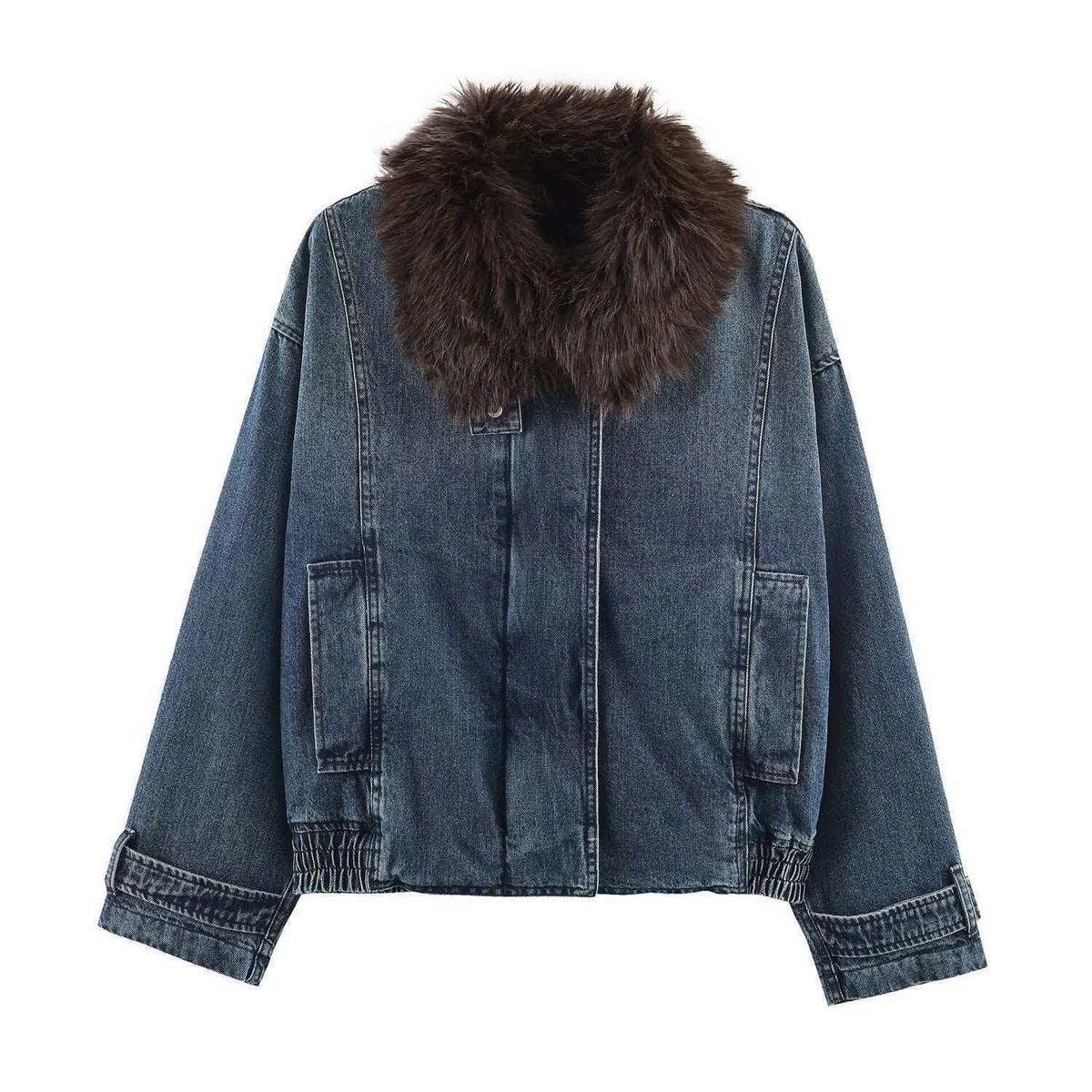 Women's Clothing Retro Blue Denim Jacket With Faux Fur Collar – Vintage-Inspired Short Coat, Relaxed Fit, XS/S/M/L (Casual & Office Wear, Unisex)_mkmklike.com