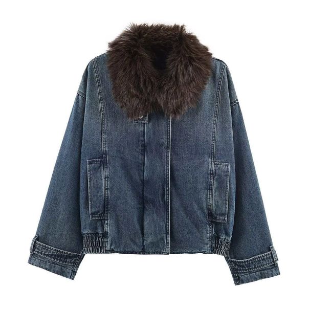 Women's Clothing Retro Blue Denim Jacket With Faux Fur Collar – Vintage-Inspired Short Coat, Relaxed Fit, XS/S/M/L (Casual & Office Wear, Unisex)_mkmklike.com