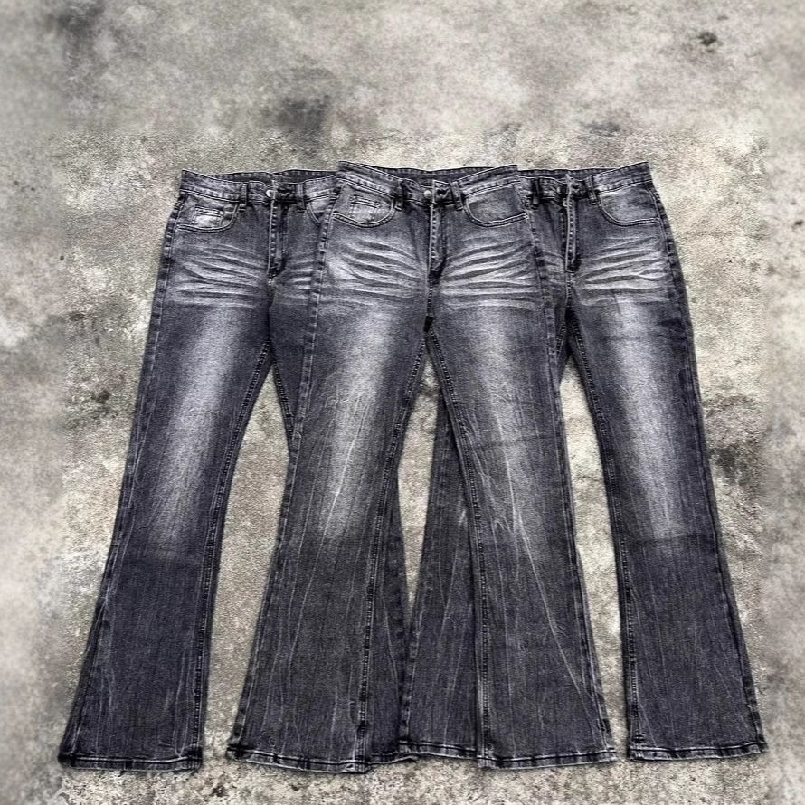 Men's Clothing Retro Black Bamboo Cotton Faded Lightning Pattern Washed Old Flared Jeans Couple Versatile Trousers_mkmklike.com