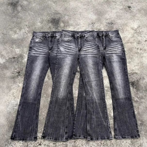 Men's Clothing Retro Black Bamboo Cotton Faded Lightning Pattern Washed Old Flared Jeans Couple Versatile Trousers_mkmklike.com