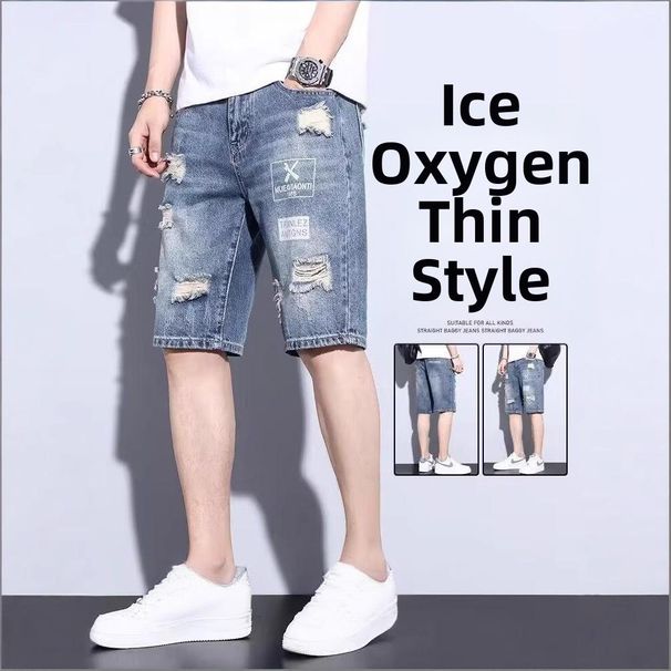 Men's Clothing Men's Summer Casual High Street Loose Fit Denim Shorts Ripped Style 5 Inch Washed Trendy Pants_mkmklike.com
