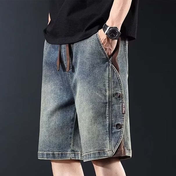 Retro Denim Shorts For Men, New Summer Style, Loose Fit, Washed Denim Shorts, Casual Patchwork, Versatile Pants._mkmklike.com