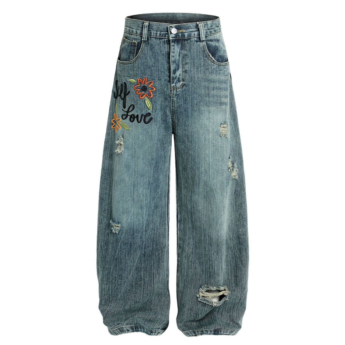 Men's Clothing Floral Embroidered Straight Jeans New High Waist Loose Wide Leg Ripped Trousers_mkmklike.com