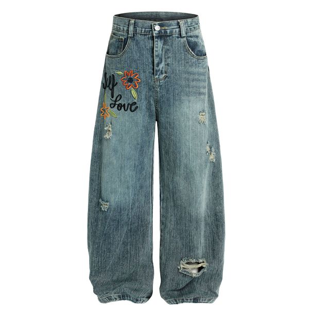 Men's Clothing Floral Embroidered Straight Jeans New High Waist Loose Wide Leg Ripped Trousers_mkmklike.com