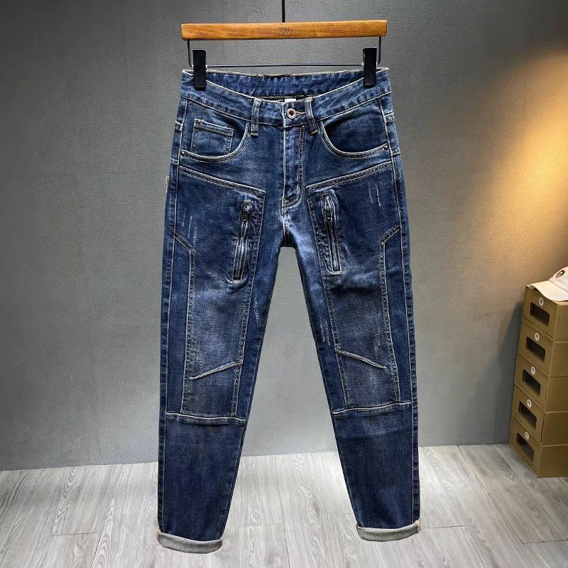 Men's Clothing Spring And Autumn High End Zipper Spring Jeans Slim Motorcycle Splicing Trousers Small Straight Pants_mkmklike.com