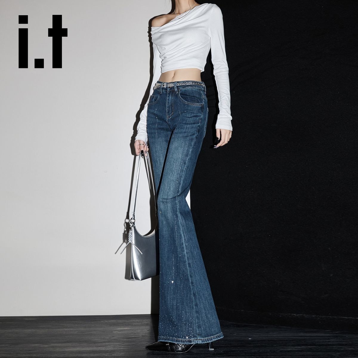 Women's Rhinestone Flared Jeans With A Stylish Design, Slimming, Casual, Versatile, Stretchy, Floor-length Pants_mkmklike.com