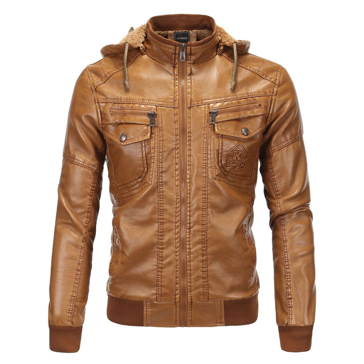 2023 European size men's leather jacket washed leather hooded leather jacket plus velvet warm leather jacket large size men's jacket 1603_mkmklike.com