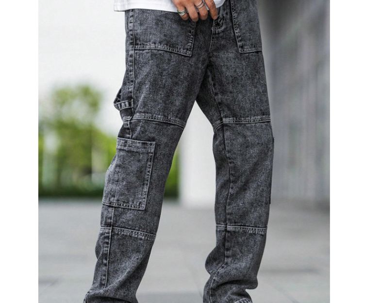 Men's Classic Straight Fit Work Jeans With Multiple Pockets - Comfortable Stretch Denim Pants For Casual Wear (Black, Grey)_mkmklike.com