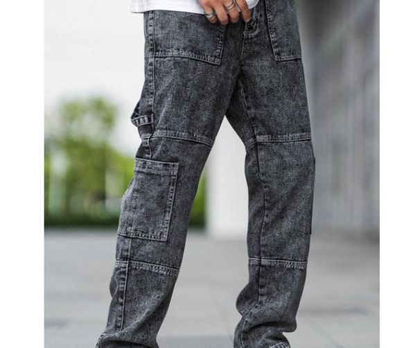 Men's Classic Straight Fit Work Jeans With Multiple Pockets - Comfortable Stretch Denim Pants For Casual Wear (Black, Grey)_mkmklike.com