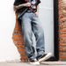 Men's Blue Jeans High Street Style Hip Hop Spring New Mid Length Straight Leg Casual Versatile Loose Wide Leg Pants_mkmklike.com
