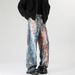 "3D Printed Rainbow Splatter Paint Straight Leg Jeans For Men & Women - High Waist Loose Fit Denim Pants With Artistic Wash"_mkmklike.com