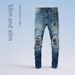 Men's Distressed Vintage Skinny Jeans With Leather Patch & Ripped Details – Slim Fit Stretch Denim Pants For Casual Wear_mkmklike.com