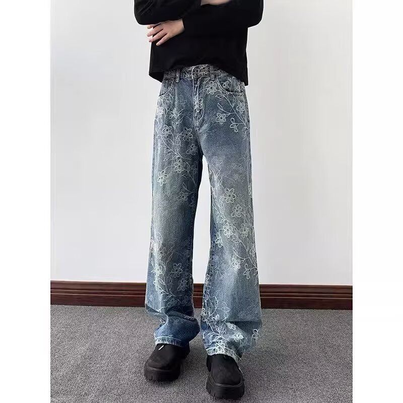 Men's Hip Hop Letter Print Jeans – High Street Trendy Slim Fit Denim Pants With Bold Design (S-3XL, Blue & Black Options)_mkmklike.com
