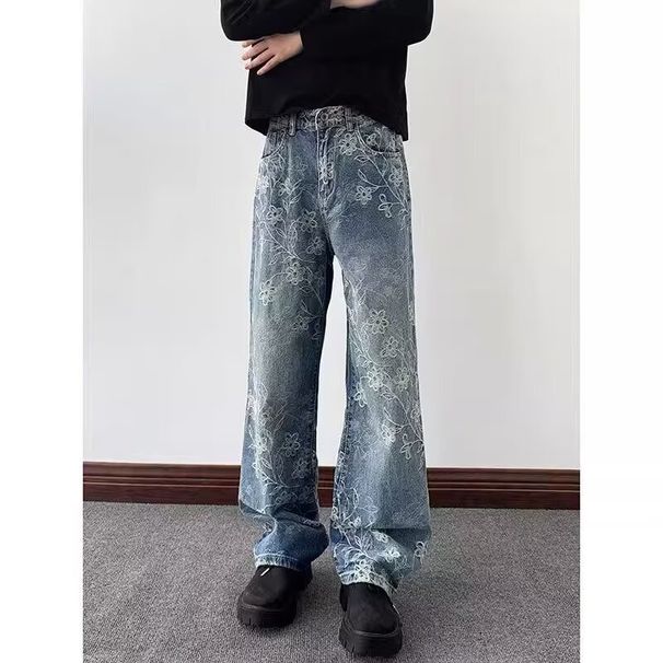 Men's Hip Hop Letter Print Jeans – High Street Trendy Slim Fit Denim Pants With Bold Design (S-3XL, Blue & Black Options)_mkmklike.com