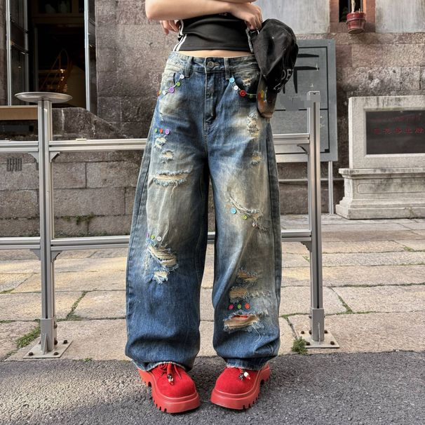 Men's Clothing Trendy Loose Fitting Straight Leg Jeans Blue Washed Faux Ripped Mid Waist Cotton Long Pants Machine Washable_mkmklike.com