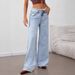 Women's High Waist Straight Leg Jeans - Classic Blue Denim Washed Cotton Blend For Casual & Streetwear_mkmklike.com