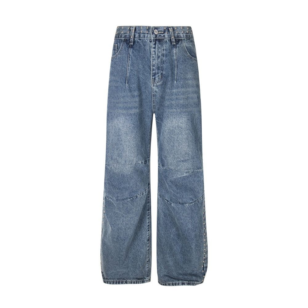 American Style Vintage Washed Jeans Niche Loose Beaded Design Sense Wrinkled Casual Wide-Leg Pants Trendy Men's Clothing_mkmklike.com