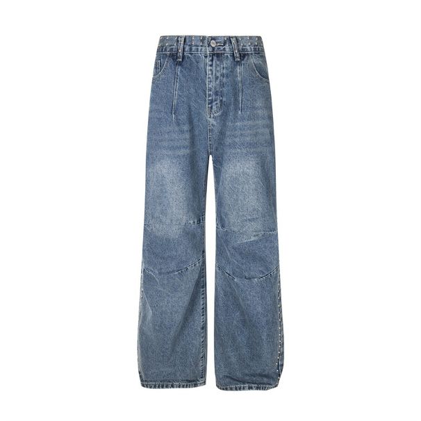 American Style Vintage Washed Jeans Niche Loose Beaded Design Sense Wrinkled Casual Wide-Leg Pants Trendy Men's Clothing_mkmklike.com