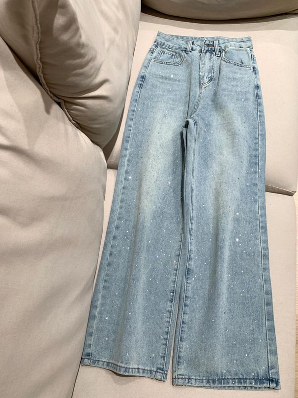 Women's Clothing Summer New High Waist Loose Slim Hot Diamond Heavy Straight Pants_mkmklike.com