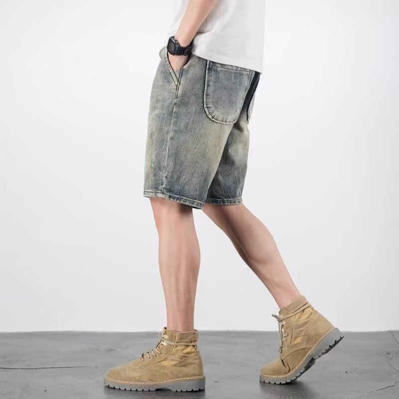 Men's Summer Denim Shorts Trendy Thin Straight Leg 5/6 Length Casual Mid-Length Japanese Style Loose Fit _mkmklike.com