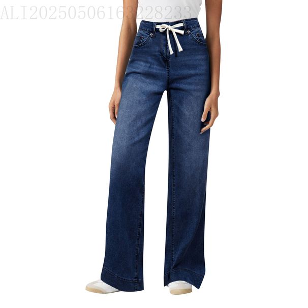 Trendy High-Waisted Wide-Leg Jeans - Stretchy Denim With Drawstring, Relaxed Straight Fit, Comfortable Cotton-Spandex Blend_mkmklike.com
