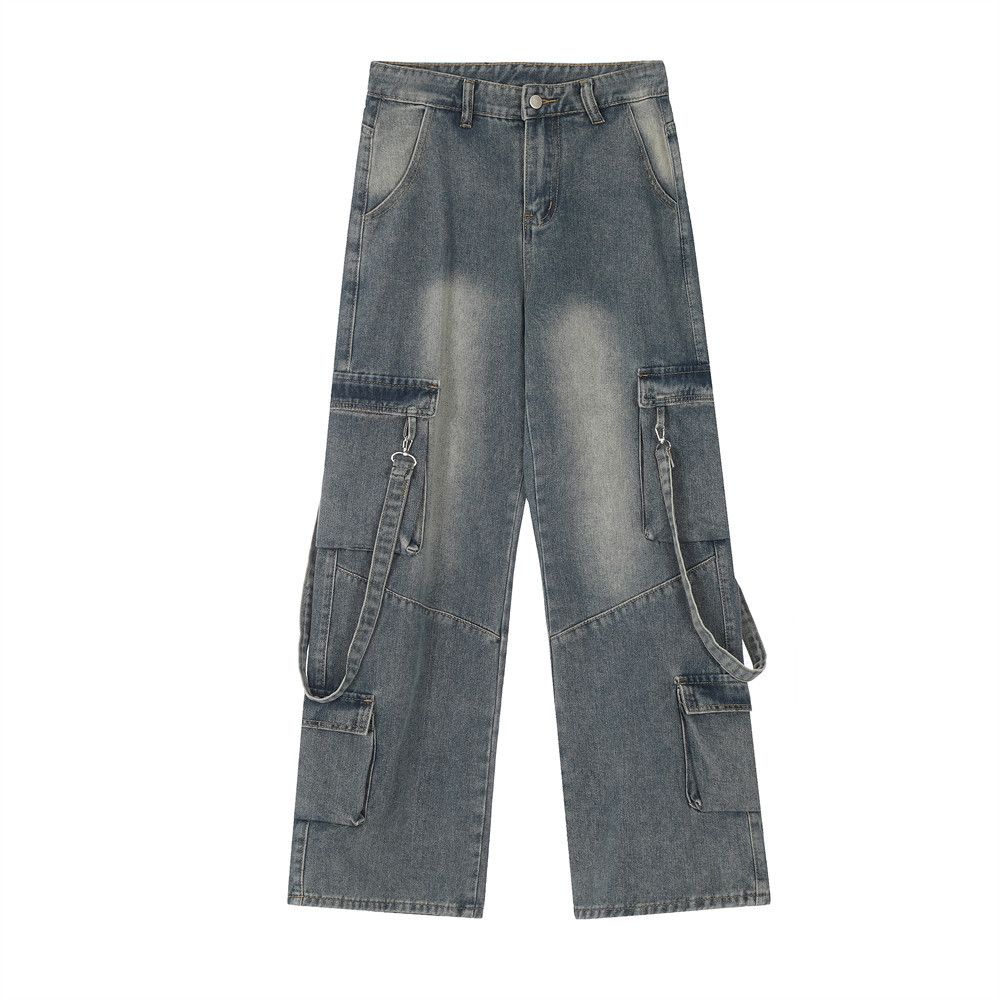 Multi-Pocket Cargo Jeans For Men, High Street Style, Trendy Design With Ribbon Decoration, Loose Washed Straight-Leg_mkmklike.com