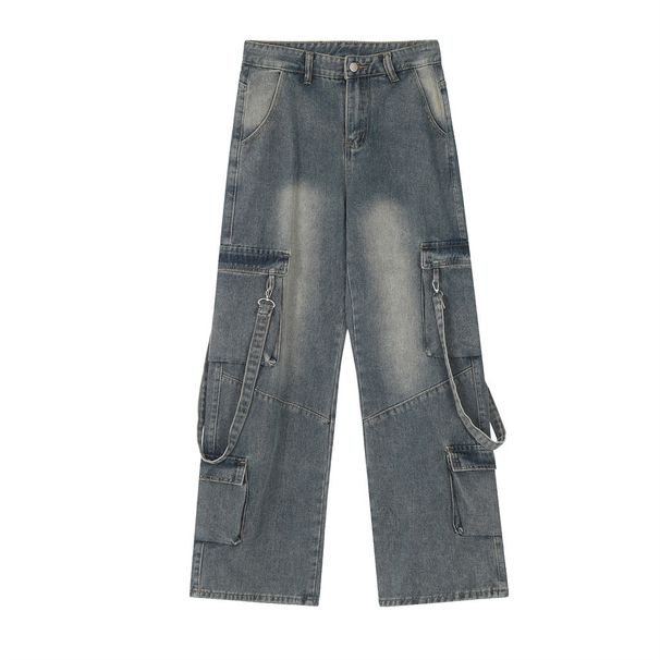 Multi-Pocket Cargo Jeans For Men, High Street Style, Trendy Design With Ribbon Decoration, Loose Washed Straight-Leg_mkmklike.com
