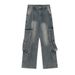 Multi-Pocket Cargo Jeans For Men, High Street Style, Trendy Design With Ribbon Decoration, Loose Washed Straight-Leg_mkmklike.com
