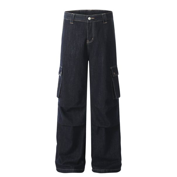 Heavy-duty Multi-pocket Pleated Jeans Men's High Street American Style Trendy Brand Workwear Wide-leg Pants Loose_mkmklike.com
