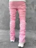 Mens Streetwear Ripped Jeans Fashionable Cool Stretch Pink Stacked Edge Denim Mens Y2K Punk Patch Work Hip-hop Pants_mkmklike.com