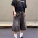 Vintage Washed Lightning Bolt Denim Shorts - Unisex Baggy 7/10 Length Jeans For Summer (Black/Blue, Sizes S-3xl)_mkmklike.com