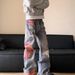 European, American High Street Spring And Autumn Sunset Lace Print Jeans Men's American Street Loose Splicing Floor Pants_mkmklike.com