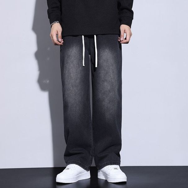 Men's Classic Straight Leg Jeans Black Distressed Denim Pants Relaxed Fit Casual Daily Wear Polyester_mkmklike.com
