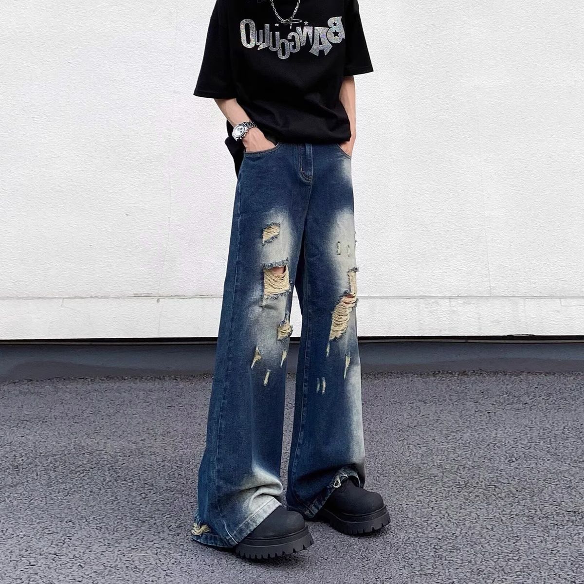Vintage Washed Distressed Ripped Jeans For Men - Loose Straight Leg High Street Baggy Oversized Boyfriend Denim Pants_mkmklike.com