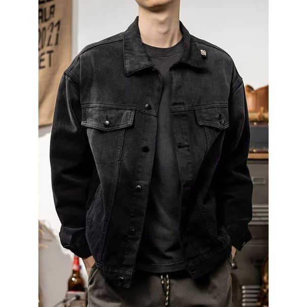 Gradient Retro Versatile Flip Collar Water Washed Loose Denim Jacket_mkmklike.com
