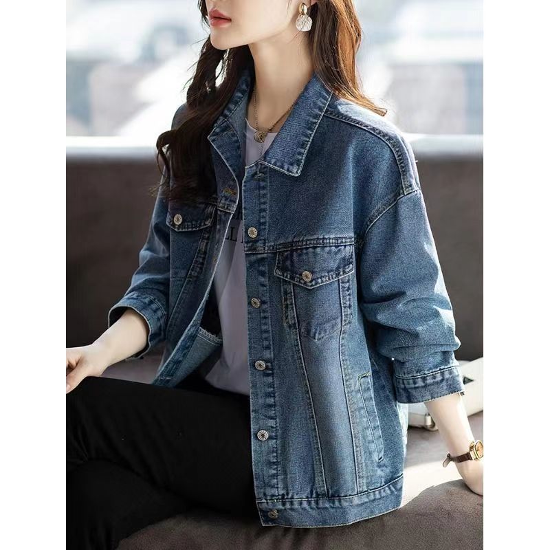 Women’s Vintage Denim Jacket – Classic Blue Stretch Polyester Coat, Oversized Casual Blazer For Slim & Plus-Size (S-5XL)_mkmklike.com