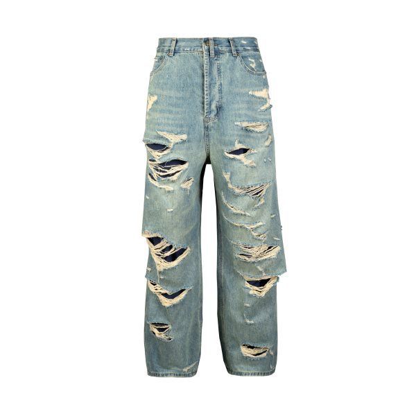 Men's Clothing High Street Distressed Whitened Holes Cut Damaged Cat Whiskers Double Tassel Damaged Beggar Jeans_mkmklike.com